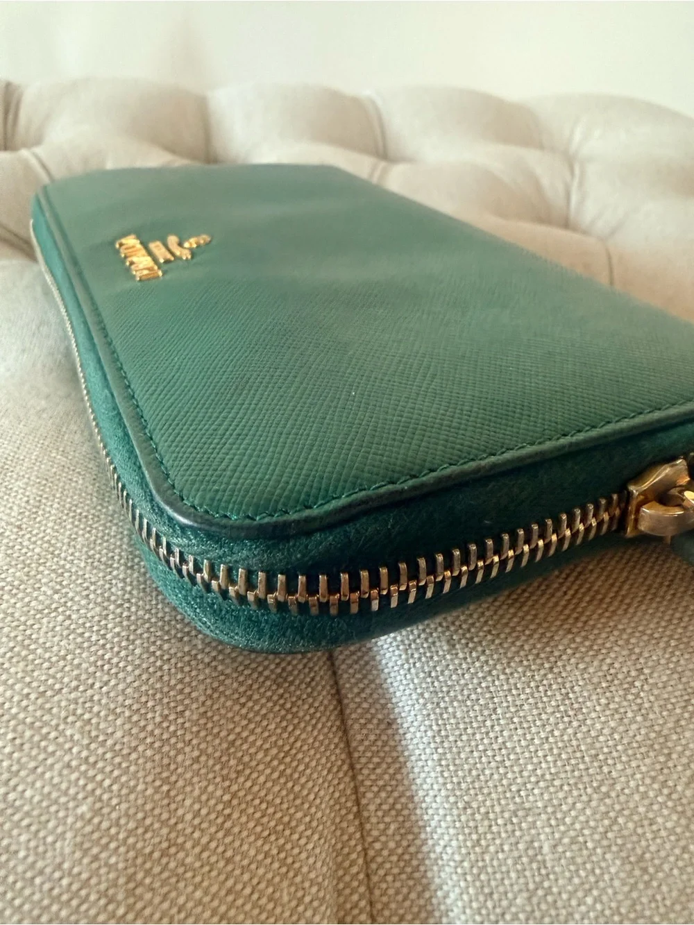 PRADA Emerald Green Saffiano Leather Zip Around Wallet Long Continental